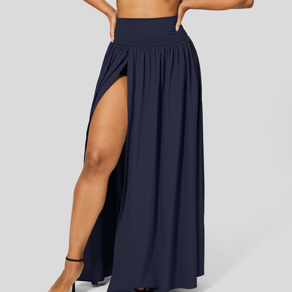 Halara womens maxi skirt L navy blue bottoms athletic casual skort long slit leg
